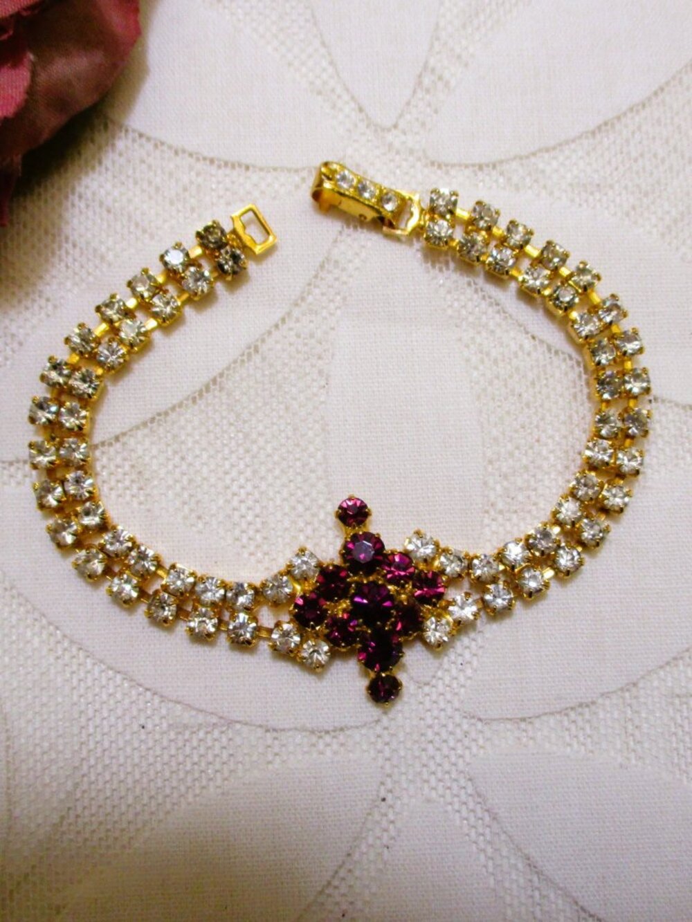 VINTAGE Hollywood Regency Rhinestone Bracelet ~ Garnet & Clear Statement Jewelry